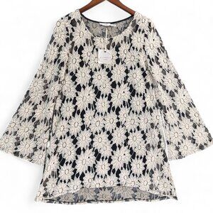 Blu Pepper Tunic Dress Sz M Lace Floral Sheer Bell Sleeve Boho Attached Slip